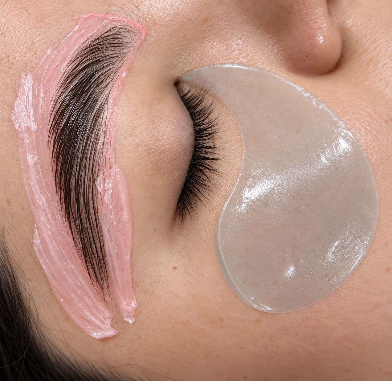 Laminado de cejas en proceso, con producto aplicado y parche bajo el ojo